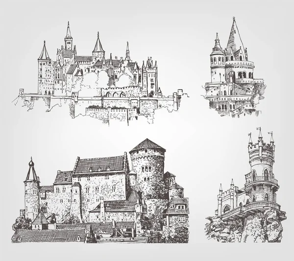 Ensemble d'illustrations vectorielles de vieux châteaux. Campagnes sur fond de forteresse gothique. Paysages architecturaux dessinés à la main. Croquis d'anciennes tours . — Image vectorielle