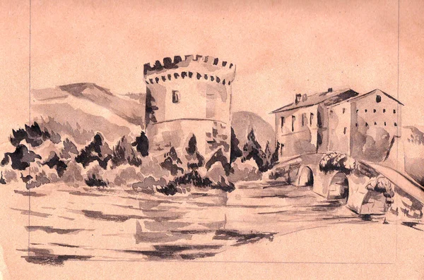 Середньовічна ілюстрація акварельного замку. Sepia retro - сторінка для декоративних зображень. Старе паперове вінтажне тло в стилі ретро. Приклад — стокове фото