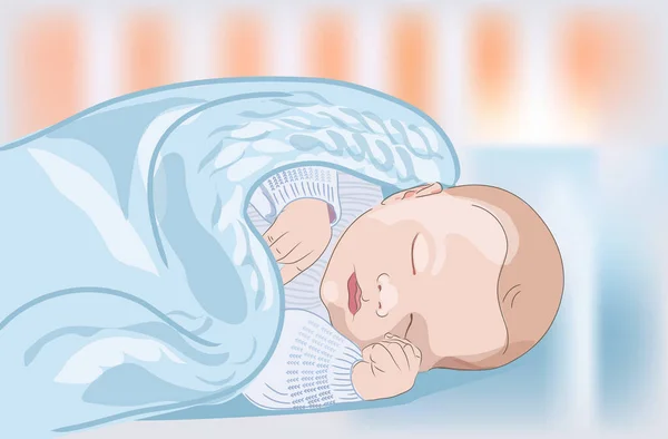 Un bebé dormido realista en la cuna. Cartel médico o tarjeta para el día de las madres. Ilustración vectorial — Vector de stock
