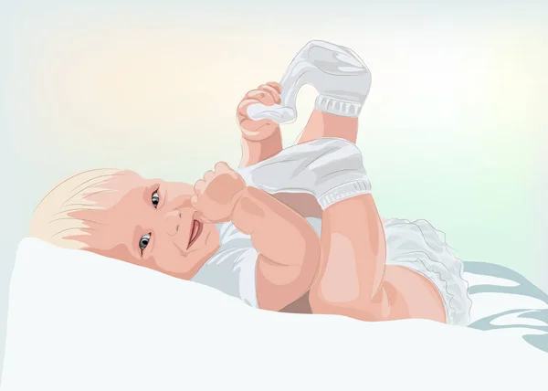 Bébé réaliste ment et joue. Un joli petit bébé te regarde. Affiche ou carte médicale pour la fête des mères. Illustration vectorielle — Image vectorielle