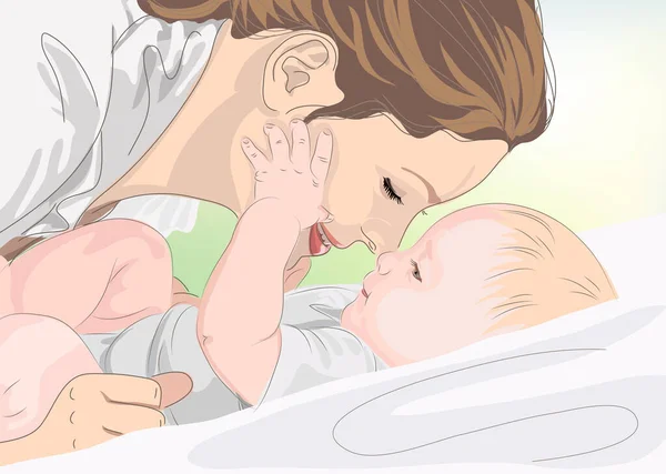 Gerçekçi mutlu anne ve bebek. Bebek, annesiyle oynuyor. Anneler Günü için tıbbi poster ya da kart. Vektör illüstrasyonu