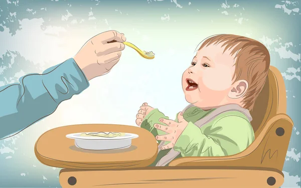 Nutrire il bambino, cibi complementari. Manifesto medico o carta per la festa della mamma. Illustrazione vettoriale — Vettoriale Stock
