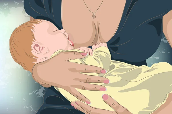 Eine junge Frau stillt ein Baby. medizinisches Plakat oder Ausweis für den Muttertag. Vektorillustration — Stockvektor