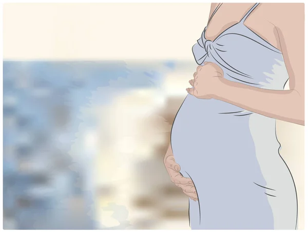 Zwangere vrouw met een boeket kamille. In afwachting van het moederschap. Voortzetting van het menselijk ras - Vector — Stockvector