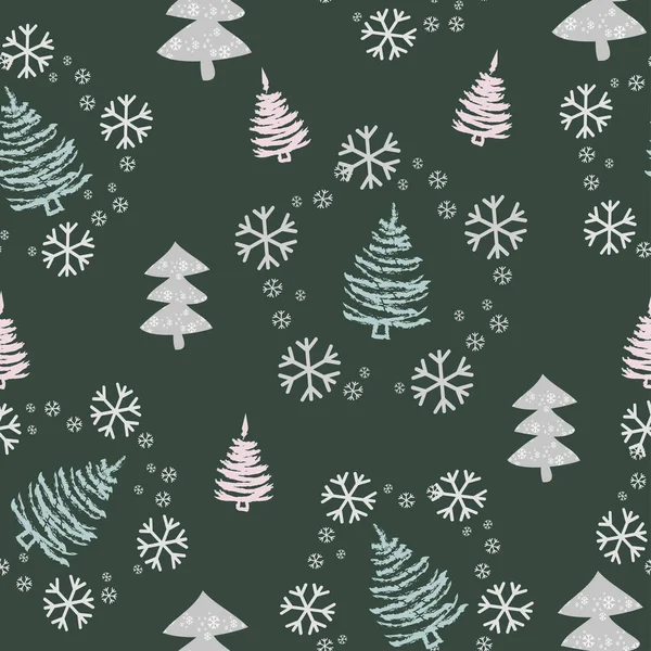 クリスマスツリーや雪とシームレスなパターン。クリスマスツリーの手描き、新年のグリーティングカードやパッケージの装飾の休日のためのテンプレート-ベクトル — ストックベクタ
