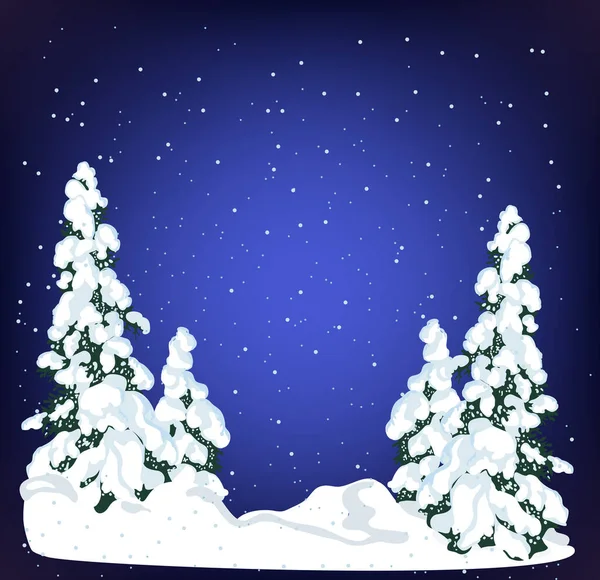 休日の夜の背景に雪のクリスマスツリー。冬の常緑のクリスマスツリー松。雪の中で現実的なモミの木、冬の森。クリスマスツリーの背景。年賀状のデザインの背景 — ストックベクタ