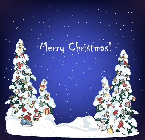 Árbol de Navidad de nieve en el fondo de la noche de vacaciones. Invierno de pino árbol de Navidad de hoja perenne con decorado con juguetes de abeto en el bosque de invierno. Fondo de árboles de Navidad. Fondo de Año Nuevo para el diseño de — Vector de stock