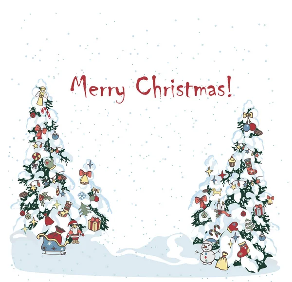雪のクリスマスツリー。冬の常緑のクリスマスツリーは、冬の森の中でトウヒのおもちゃで飾られた松。クリスマスツリーの背景。はがきやバナーのデザインの新年の背景-ベクトル — ストックベクタ