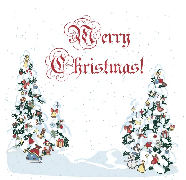 Χιονισμένο χριστουγεννιάτικο δέντρο. Χειμώνας αειθαλές χριστουγεννιάτικο δέντρο πεύκο με διακοσμημένο με παιχνίδια ερυθρελάτης στο δάσος χειμώνα. Χριστουγεννιάτικα δέντρα φόντο. Νέο Έτος φόντο για το σχεδιασμό της κάρτας ή banner - Διάνυσμα — Διανυσματικό Αρχείο