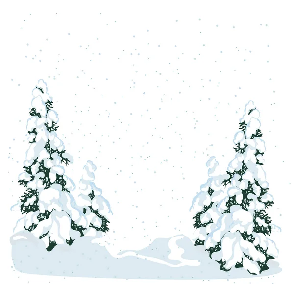 Realistische Tanne im Schnee, Winterwald. Weihnachtsbäume im Hintergrund. Neujahrshintergrund für das Design von Postkarten oder Bannern - Vektor — Stockvektor