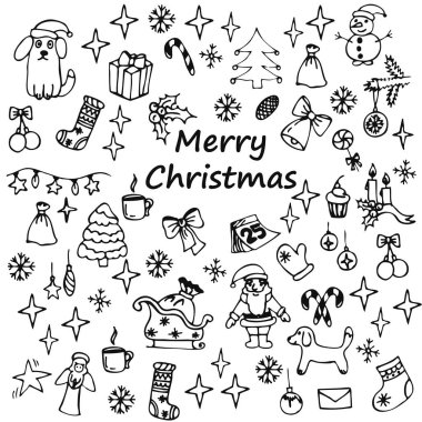 El çizimi Noel ağacı süslemeleri. Klasik Noel oyuncakları, kar taneleri ve yıldızlar. Tasarım için geri karalama ögeleri - Vektör