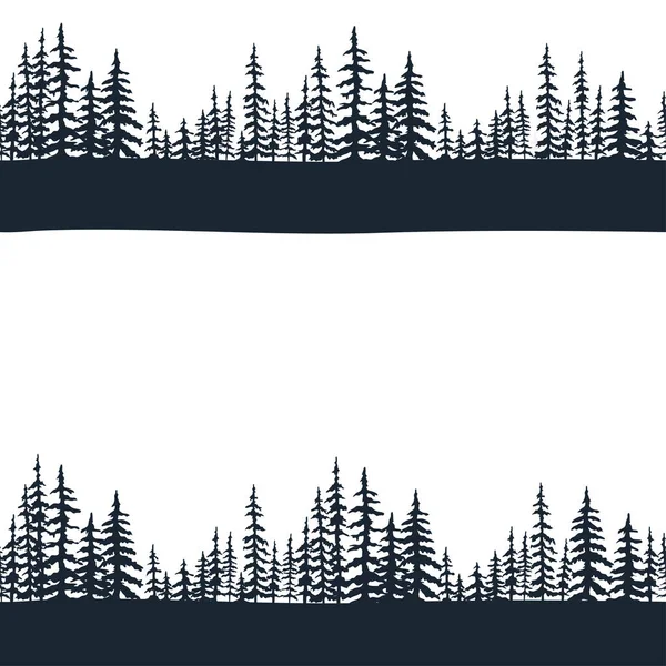 Noel ağacı siluetinden oluşan ormandaki kusursuz desenler. Kozalaklı ladin panoraması. Sonsuza dek yeşil odun parkı. Beyaz arkaplanda vektör. Düz Vektör