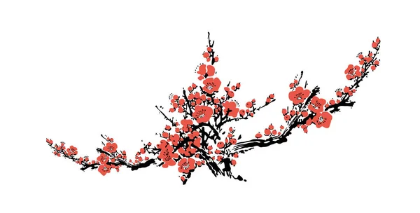 Plantilla de eventos de flor de cerezo con rama dibujada a mano con flores de cerezo rosa floreciendo. Flor sakura realista - árbol de cerezas japonés. Dibujo tradicional chino o japonés - Vector — Vector de stock