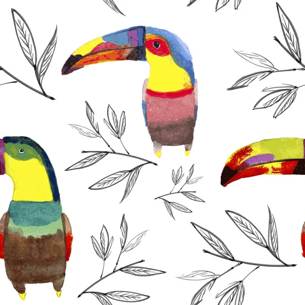 Bezešvé vzor s akvarelem tropické exotické růžové květy, zelené listy, ptáci tukan - Vektor — Stockový vektor