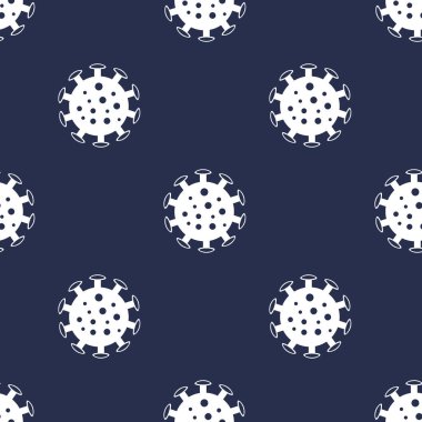 Beyaz bakteri koronavirüs simgesi koyu mavi arka planda izole edilmiş. Bakteriler ve mikroorganizmalar, sebep olan mikroorganizma hastalıkları, hücre kanseri, mikrop, virüs, mantar. Vektör İllüstrasyonu