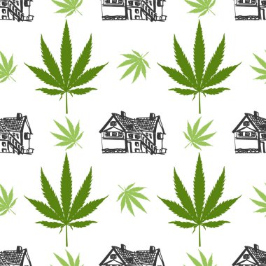 Marihuana ya da kenevir yaprağı ikonu, beyaz arka planda dikişsiz çiftlik evi deseni ile izole edilmiş. Kenevir sembolü. Vektör