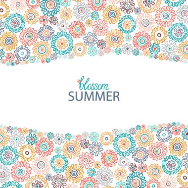 Etnik çiçeklerle dolu el boyaması tebrik kartı. Bahar ya da yaz çiçekleri davetiye, düğün ya da tebrik kartları için.