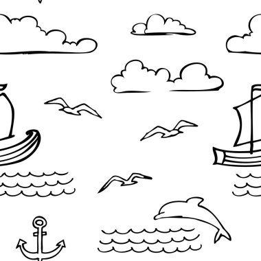 Kusursuz minimalist deniz motifi. Yelkenli, çapa, yunus, ambalaj için martı veya duvar kağıdı vektör çizimi