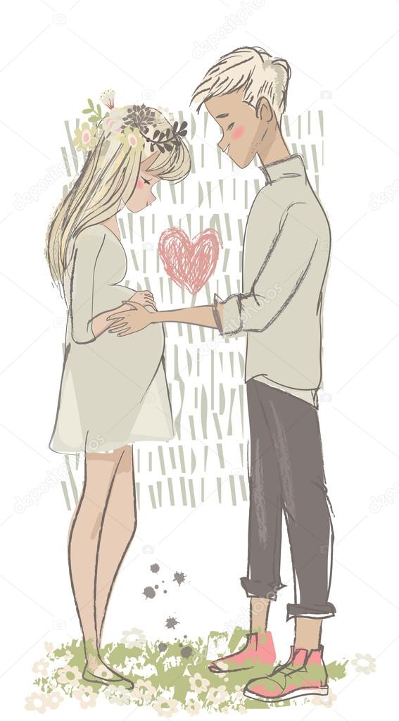 cute cartoon couple with pregnant woman