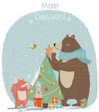 sevimli ayı, tavşan ve tilki - Noel kartı