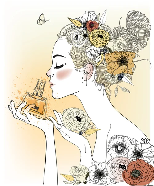 Vintage chica de moda con perfumes — Vector de stock