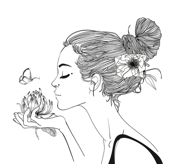 Genç güzel kadın wirh çiçek — Stok Vektör