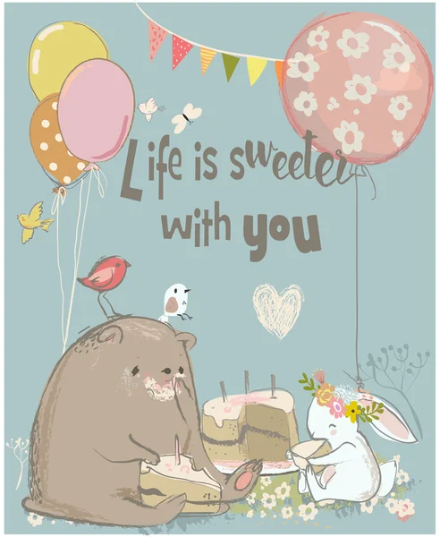 Birthday card with cute bear and hare — Stock Vector