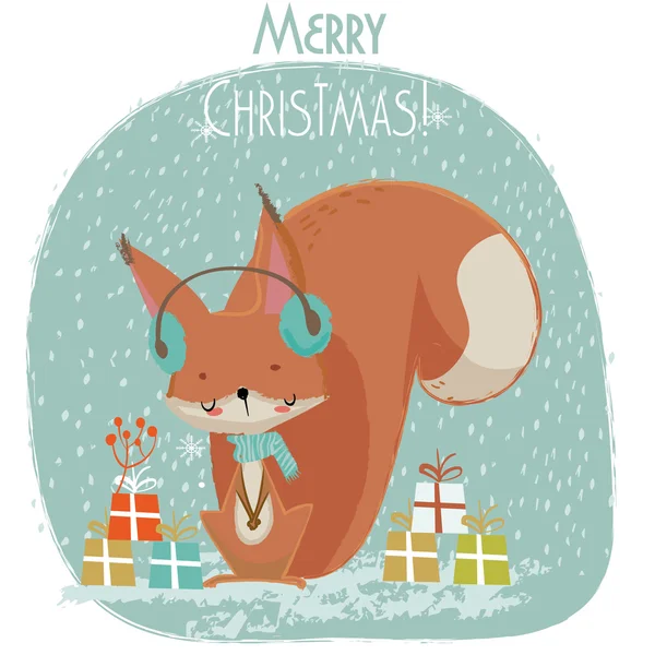 Niedliche Weihnachten Eichhörnchen Karikatur — Stockvektor