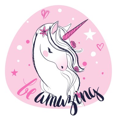 Pink cartoon fairytale unicorn vector