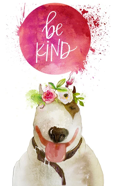 Akwarela pies z wieniec kwiatowy — Zdjęcie stockowe