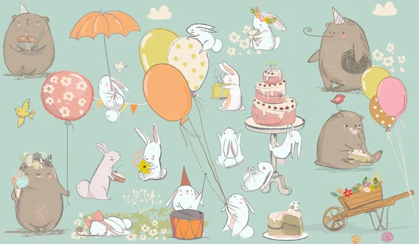 Carte d'anniversaire avec ours mignon et lièvre — Image vectorielle