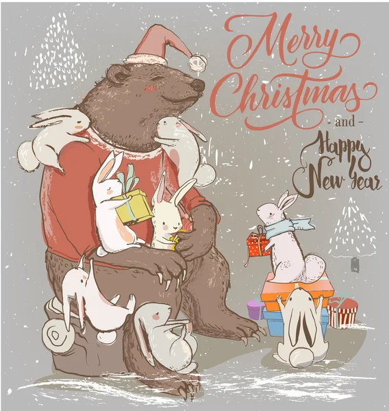 Tarjeta de Navidad con oso y liebres — Vector de stock