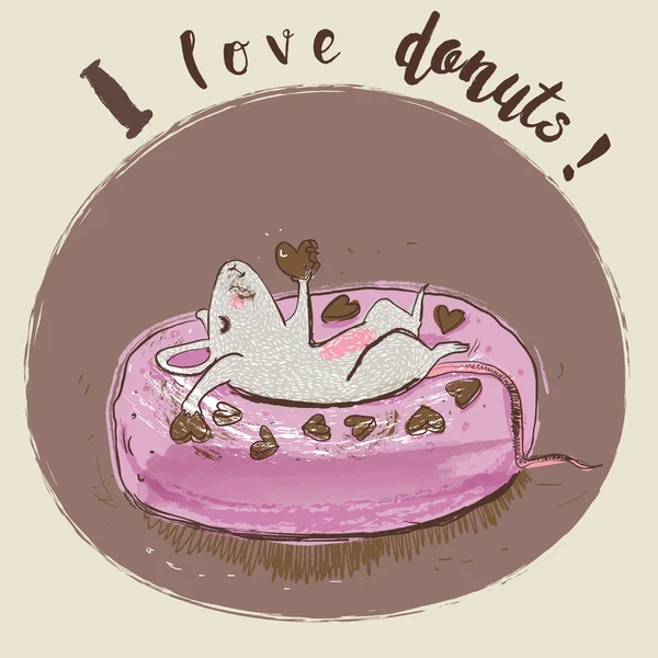 Catoon ποντίκι τρώει ντόνατ — Διανυσματικό Αρχείο