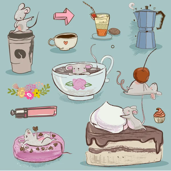 Conjunto de rato com sobremesas e chá —  Vetores de Stock