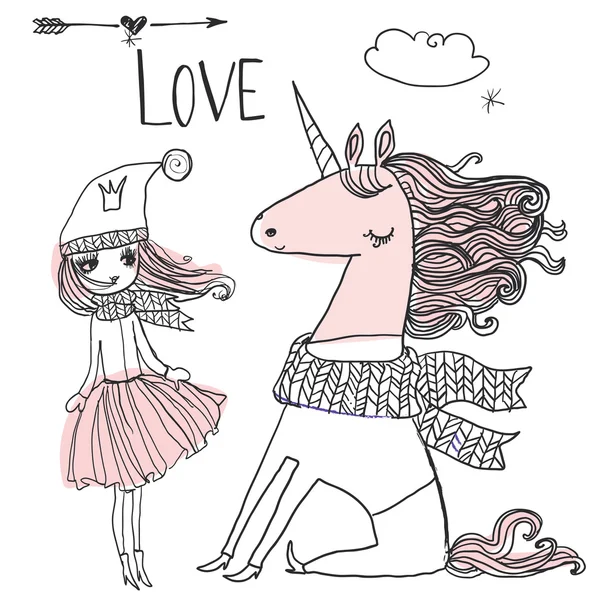 Doodle princesa com unicórnio —  Vetores de Stock