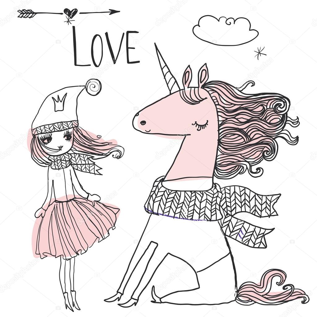 doodle princess with unicorn
