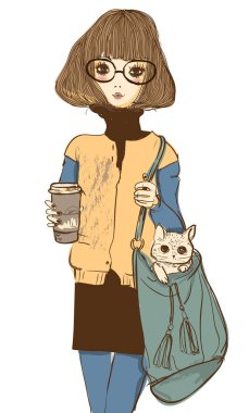 kedi ve kahve ile şirin kız