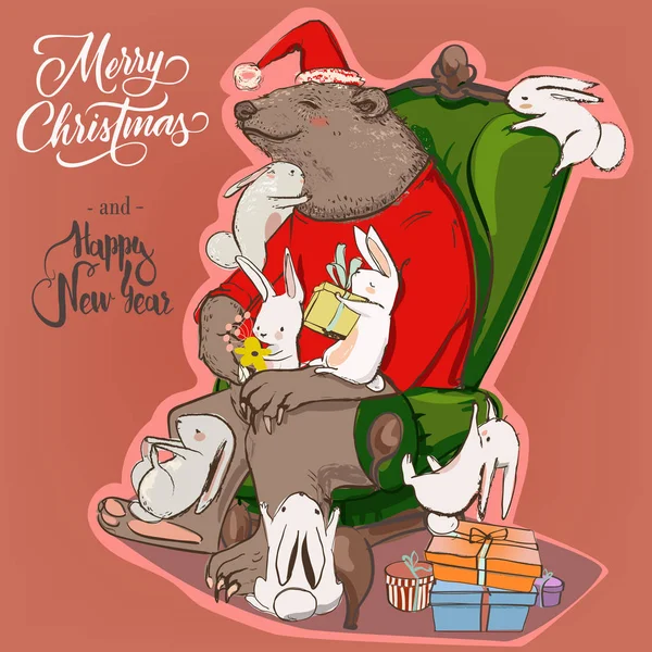 การ์ดคริสต์มาสกับหมีและกระต่าย — ภาพเวกเตอร์สต็อก