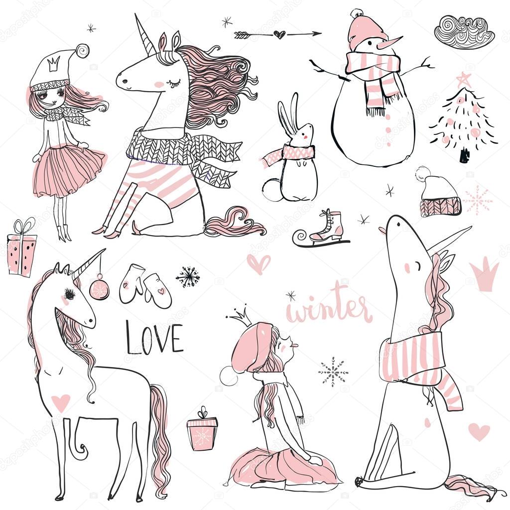 Doodle winter hand drawn princess with unicorn