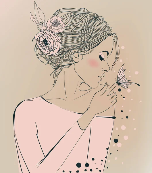 Junge schöne Frau mit Blumen — Stockvektor