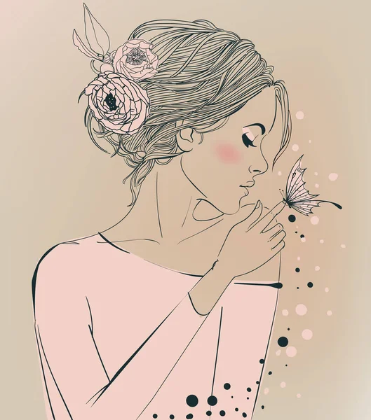 Joven hermosa mujer con flores — Vector de stock