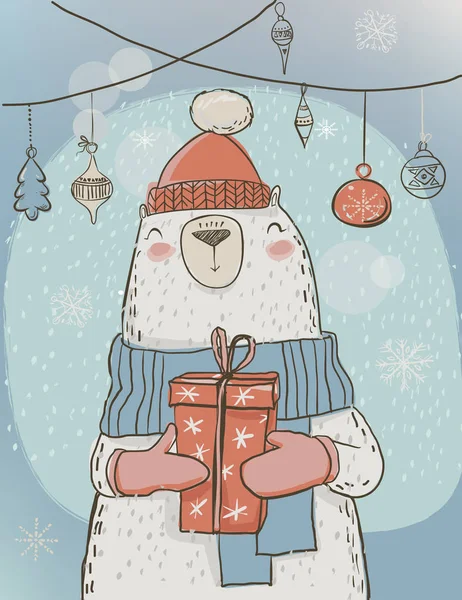 Oso de Navidad polar con caja actual — Vector de stock