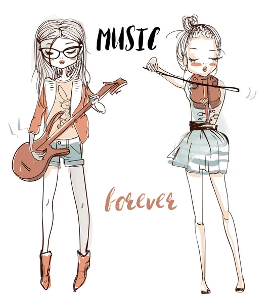 Meninas bonitas com os instrumentos musicais — Vetor de Stock