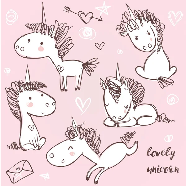 Conjunto con unicornios de garabato — Vector de stock