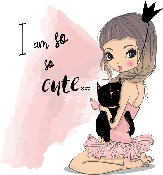 Mignonne petite princesse avec chat noir — Image vectorielle