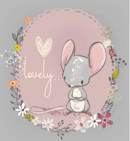 Mignonne petite souris avec des fleurs — Image vectorielle