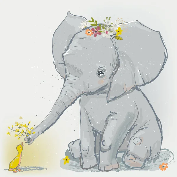 Χαριτωμένο ελέφαντα με μικρή πάπια — Διανυσματικό Αρχείο