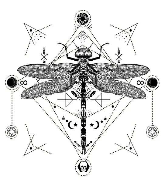 Dragonfly tatuaje blanco y negro — Vector de stock