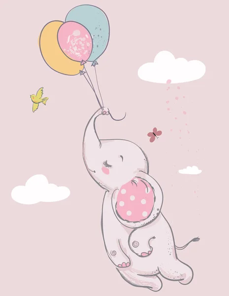 Elefante lindo con globos — Vector de stock