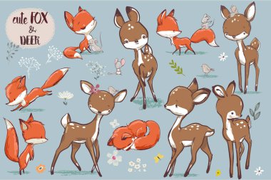 set with cute fox and deer clipart